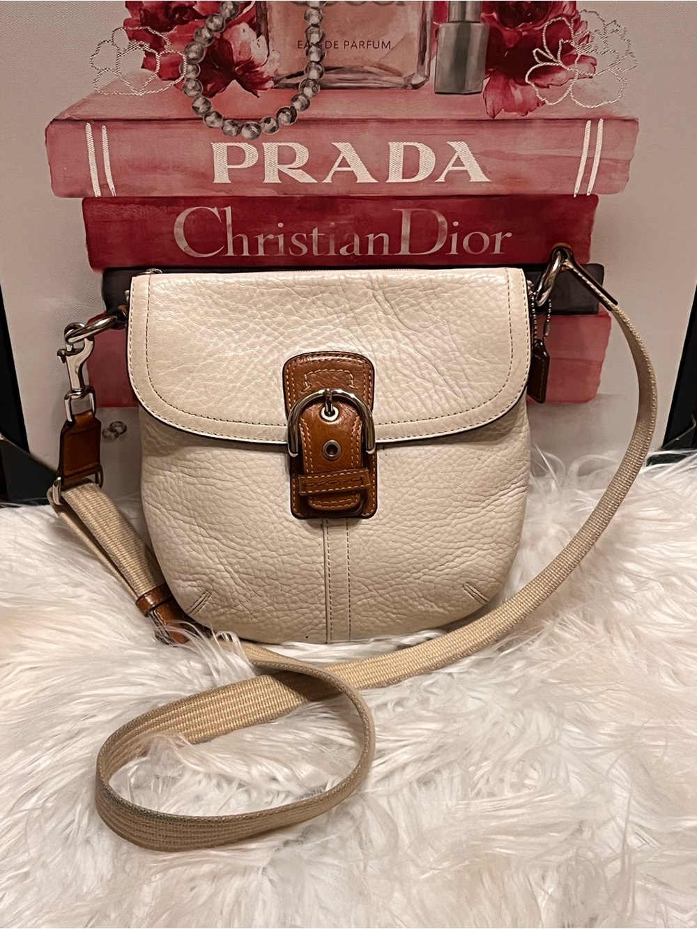 Coach Cream Leather  with Brown Leather Buckle crossbody bag